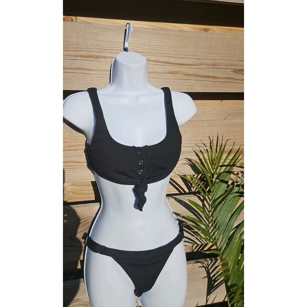 Beach Bunny women's Small black ribbed bralette bikini top & Matching Med Bottom